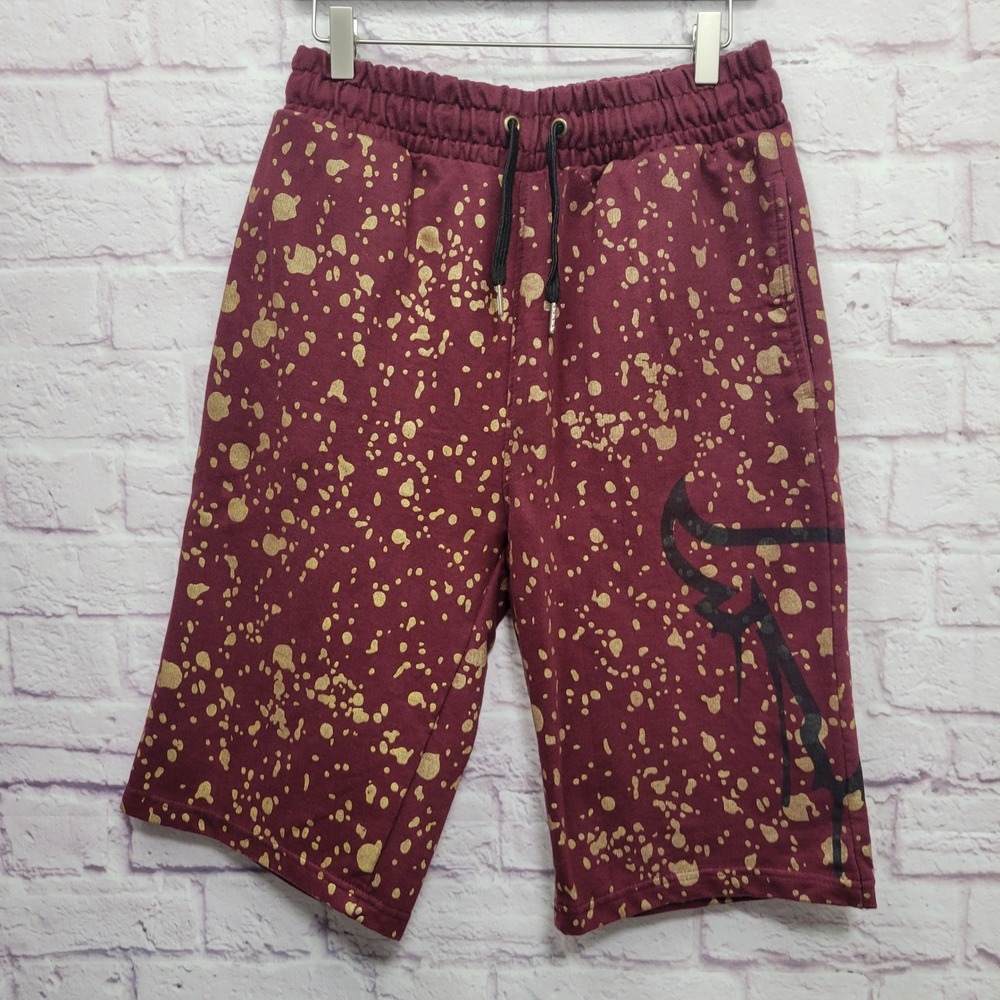 Black Lacquer Paint Splatter Sweatshorts Sz‎ M Maroon Gold Unofficial Bulls Logo